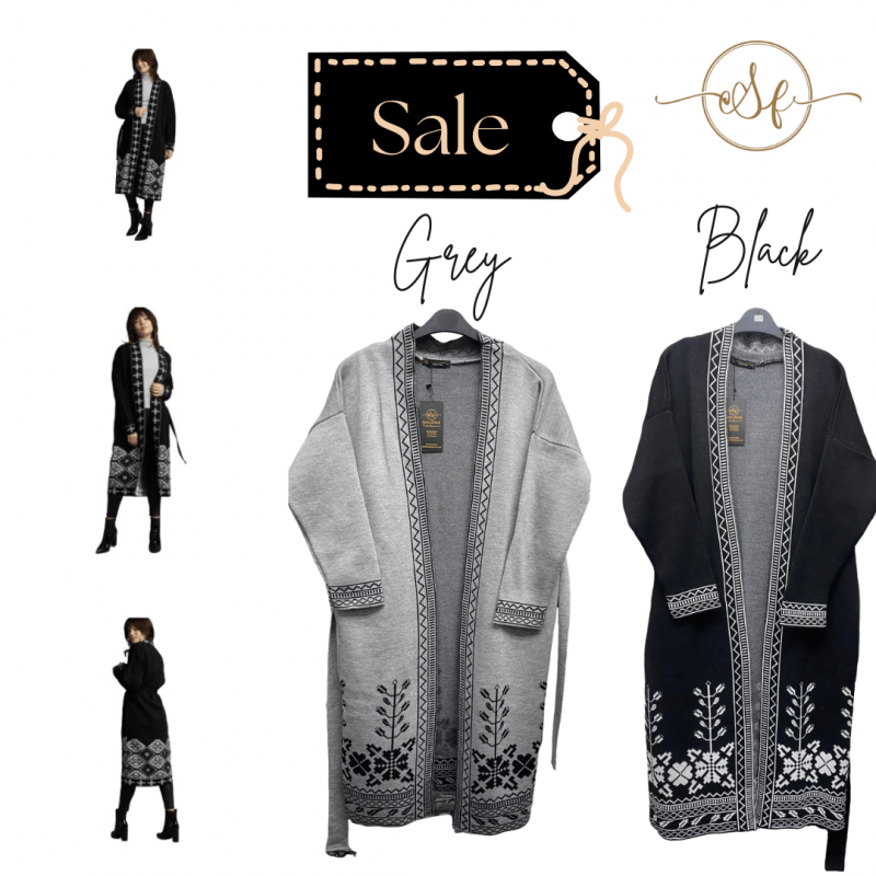 Women's New Stylish Long Printed Knitted Jumper Long Sleeve Open Front Cardigan 100% acrylic Sizes S/M, To L/XL, Black & White, Grey & Black Knitwear