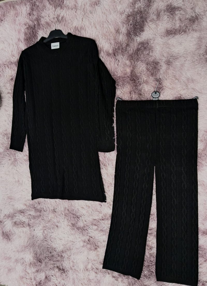 Women's Cable Knitted Co-Ord Set for Women - Wide Leg Trouser and Long Sleeve Top in Black, Grey, and Navy - Womenswear, Suits - Image 4