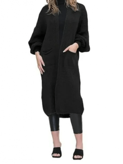 Women's Black Oversized Long Cardigan Balloon Sleeve Chunky Jumper Ladies Maxi Knitted Puff Sleeve 2 Pocket Cardigan