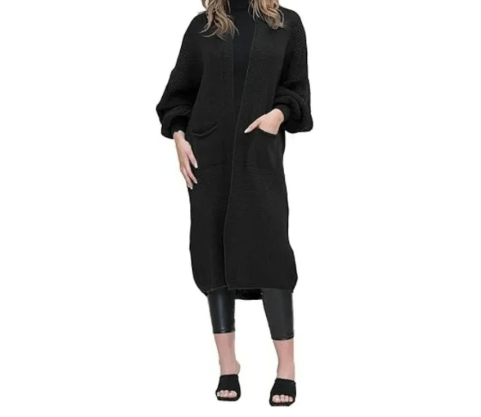 Women's Black Oversized Long Cardigan Balloon Sleeve Chunky Jumper Ladies Maxi Knitted Puff Sleeve 2 Pocket Cardigan