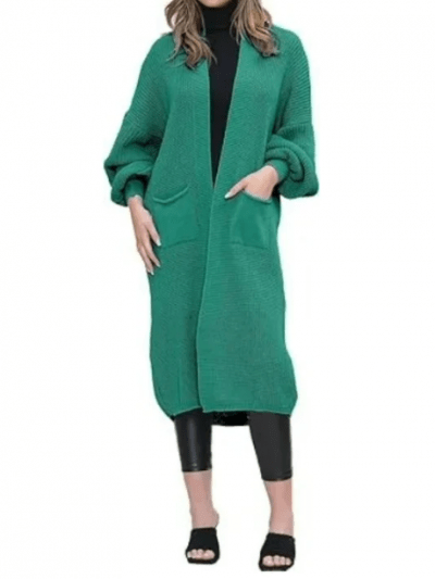 Women's Green Oversized Long Cardigan Balloon Sleeve Chunky Jumper Ladies Maxi Knitted Puff Sleeve 2 Pocket Cardigan