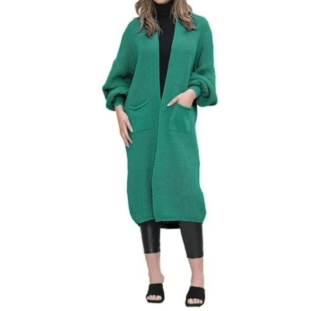 Women's Green Oversized Long Cardigan Balloon Sleeve Chunky Jumper Ladies Maxi Knitted Puff Sleeve 2 Pocket Cardigan