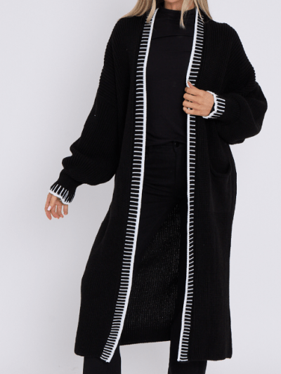 WOMEN'S BLACK PIANO STITCH BALLOON SLEEVE CARDIGAN