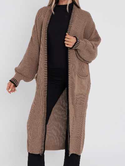 WOMEN'S MOCHA PIANO STITCH BALLOON SLEEVE CARDIGAN