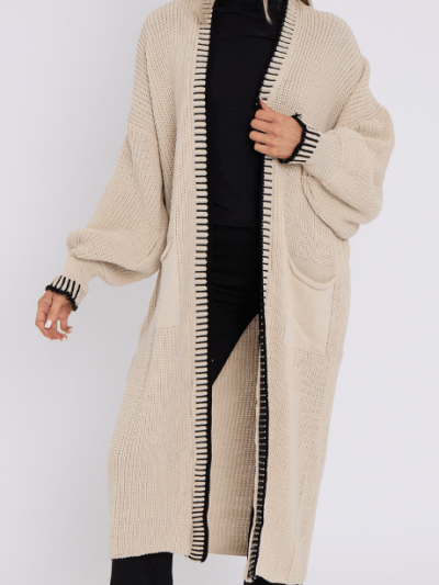 WOMEN'S BEIGE PIANO STITCH BALLOON SLEEVE CARDIGAN