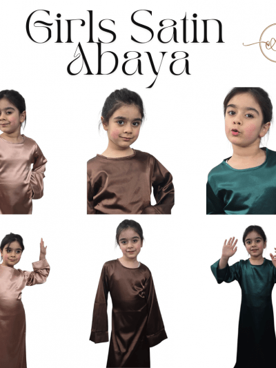 Girls Satin Long Dress Children' Kids Flare Sleeve Dress Ramadan Abaya, Jilbab, Black, Pink,Brown,Green
