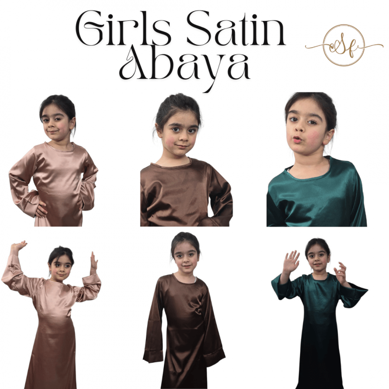 Girls Satin Long Dress Children' Kids Flare Sleeve Dress Ramadan Abaya, Jilbab, Black, Pink,Brown,Green