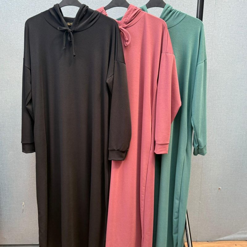 Stylish Summer Cotton Hoodie Dress Abaya Maxi Length Soft With Pockets in Black Pink and Green Colors Womens Girls - Image 2