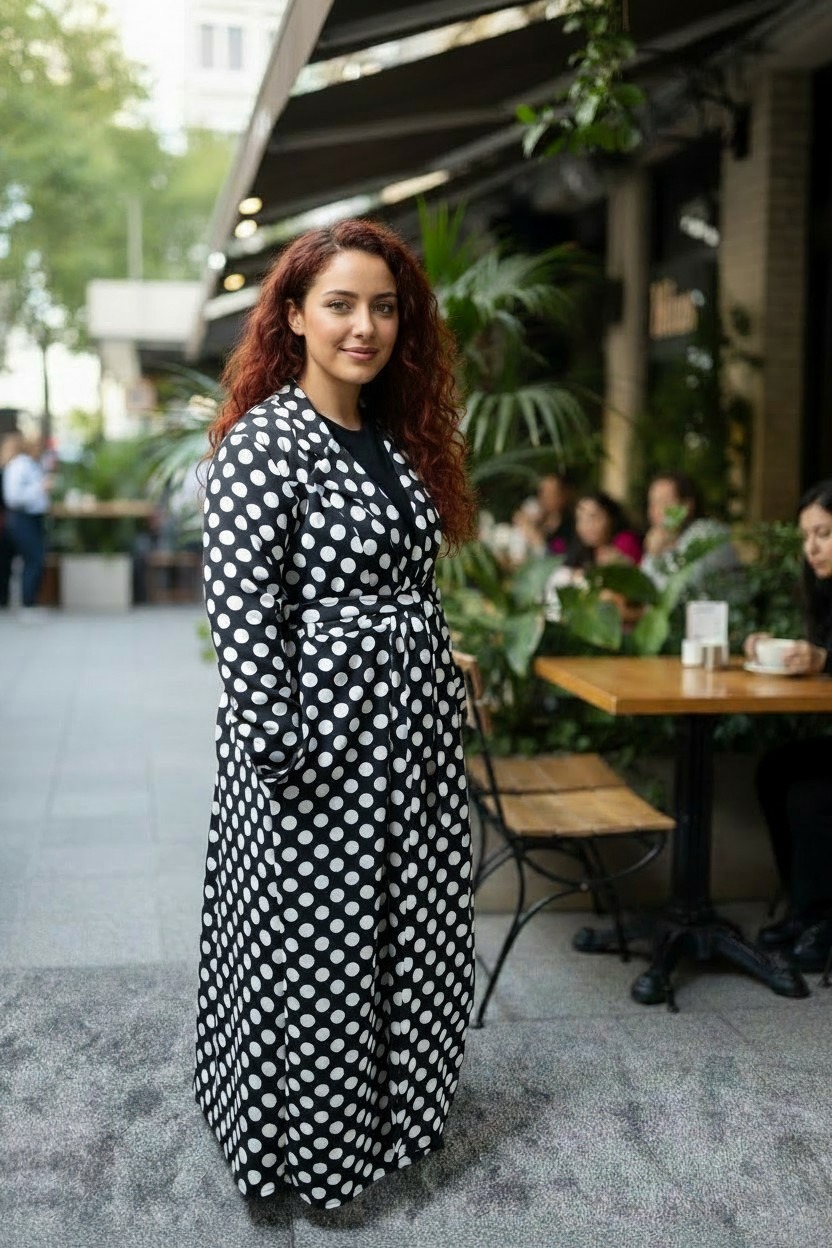 Polka Dot Women's Maxi Cardigan with Belt and 2 Pocket Black And White - Image 2