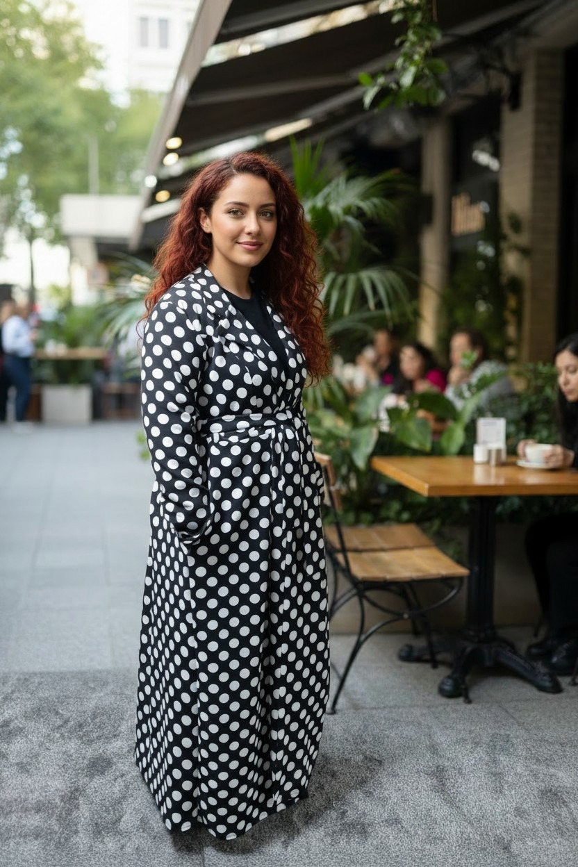 Polka Dot Women's Maxi Cardigan with Belt and 2 Pocket Black And White - Image 5
