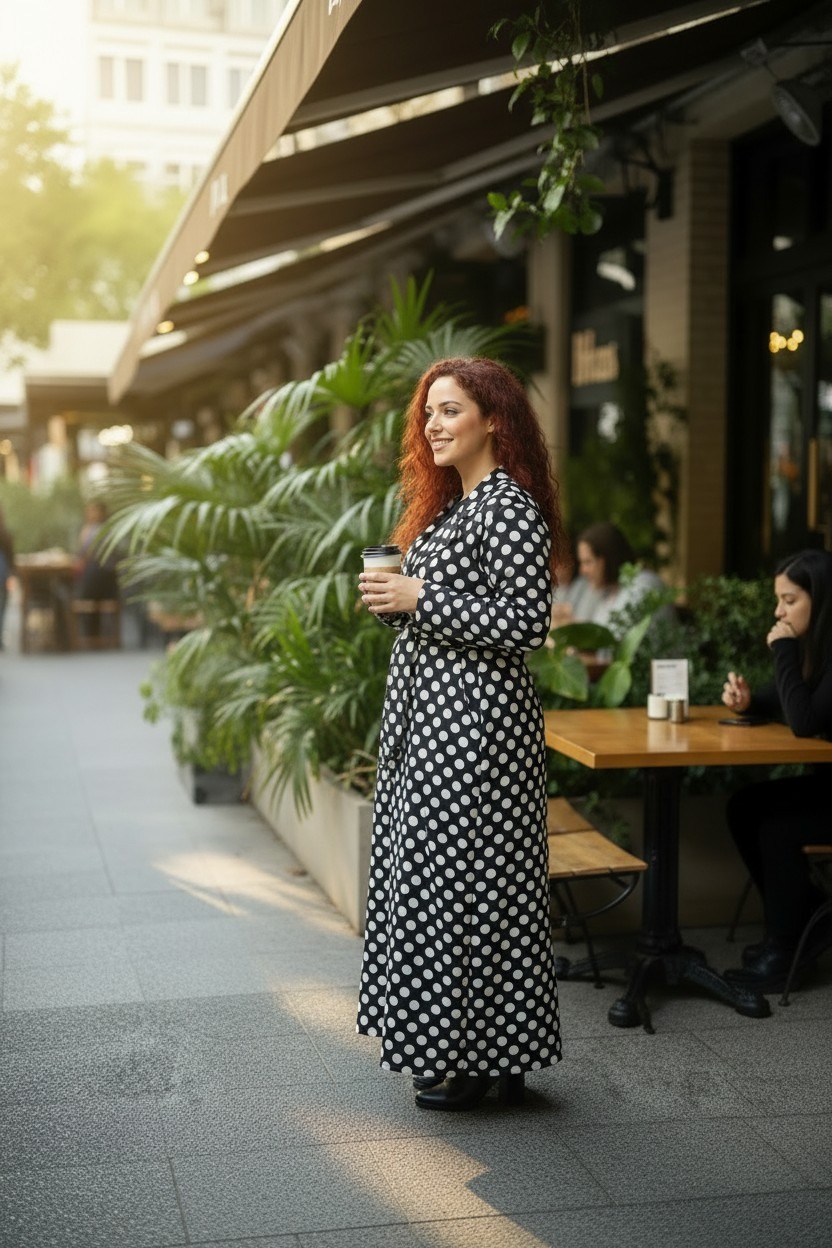 Polka Dot Women's Maxi Cardigan with Belt and 2 Pocket Black And White - Image 3