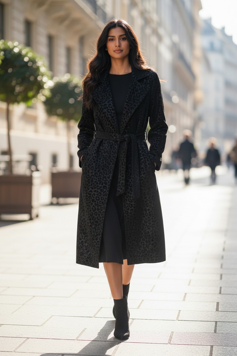 Womensw Stylish Noir Flock Leopard Scuba Midi Coat Pockets Velvet Flaks - Image 10