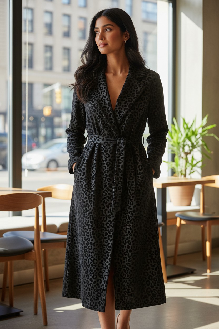 Womensw Stylish Noir Flock Leopard Scuba Midi Coat Pockets Velvet Flaks - Image 3