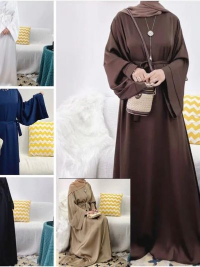 Women's Girls Satin Abaya Flare Sleeve in 8 Colour Black Navy Blue Sizes 50" to 58" with Side Pocket Machine Washable Elegant Crew Neck Long Sleeve