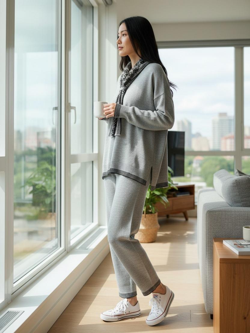 Stylish Soft Winter Co-Ord With Scarfs,Plus Sizes, Acylic,Knitted,2025, Womenswear Elegant Chic Love Outerwear - Image 3