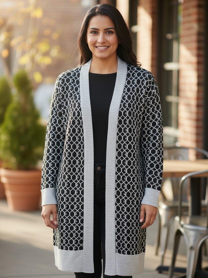 Womens RI Jacquard Pattern Stylish Cardigan Open Front Knitwear - Image 2