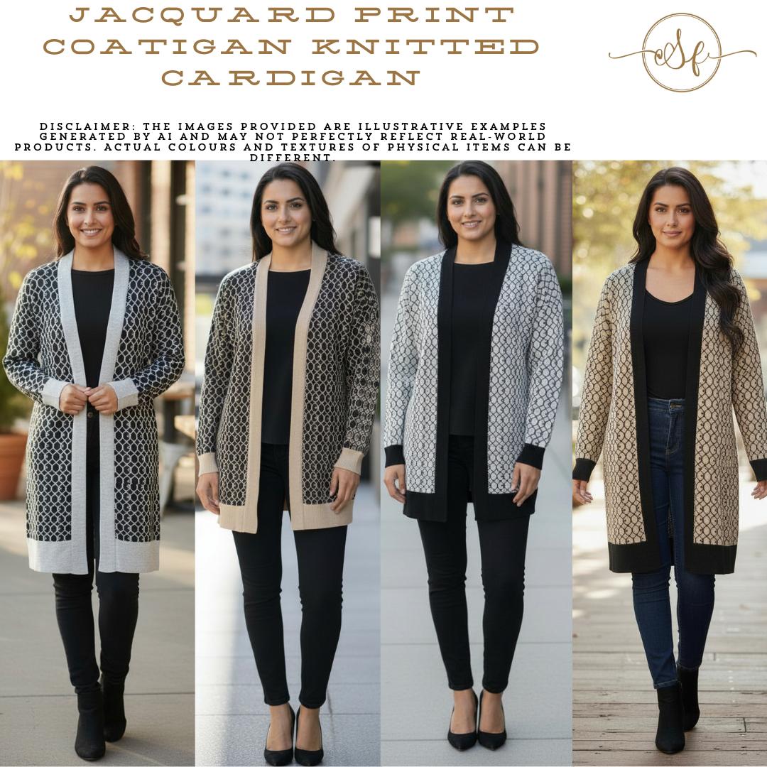 Womens RI Jacquard Pattern Stylish Cardigan Open Front Knitwear