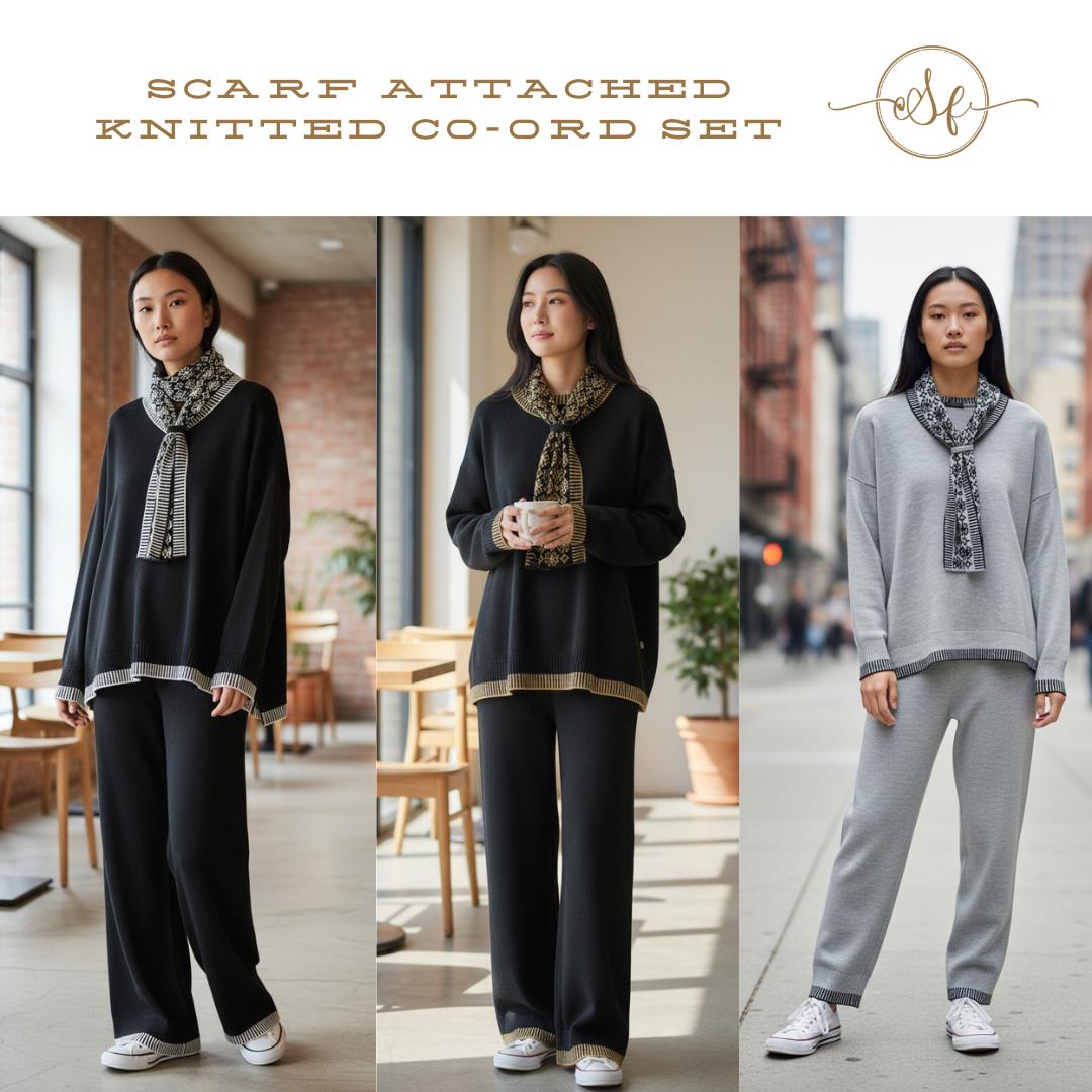 Stylish Soft Winter Co-Ord With Scarfs,Plus Sizes, Acylic,Knitted,2025, Womenswear Elegant Chic Love Outerwear