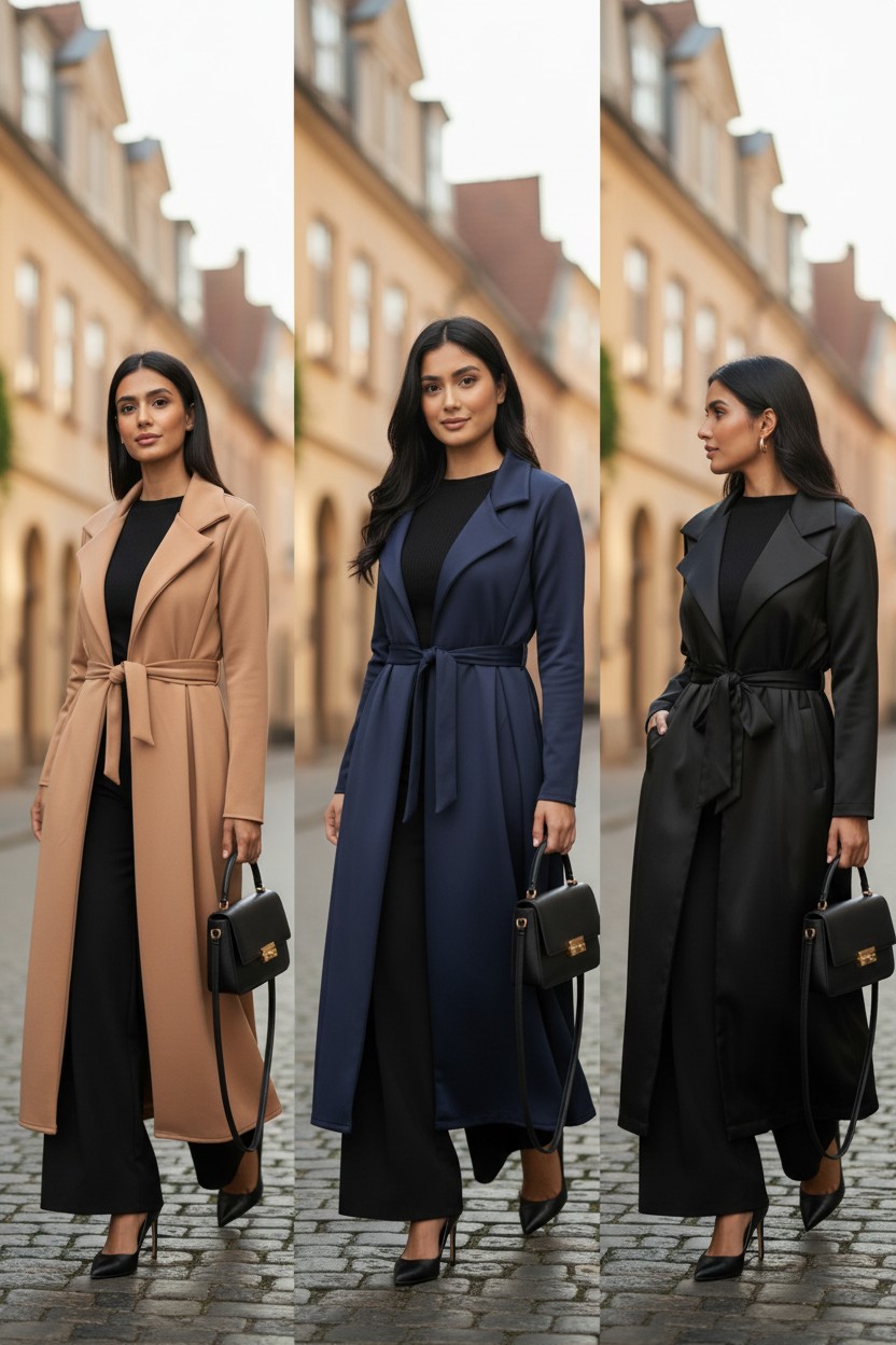 New Womens Noir Drape Maxi Full-Length, Belted Wrap Coat Pocket Cardigan Jackets