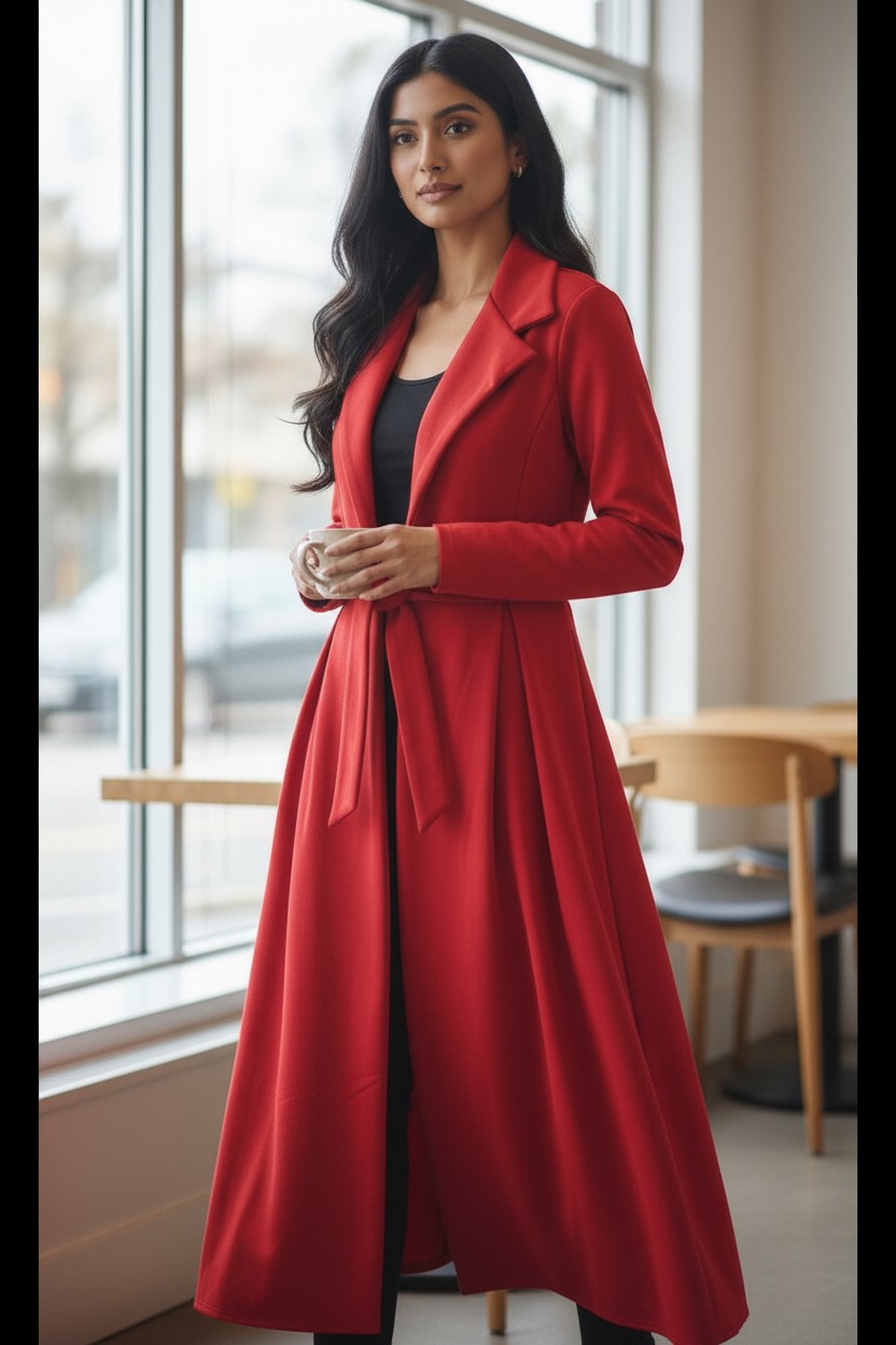 New Womens Noir Drape Maxi Full-Length, Belted Wrap Coat Pocket Cardigan Jackets - Image 6