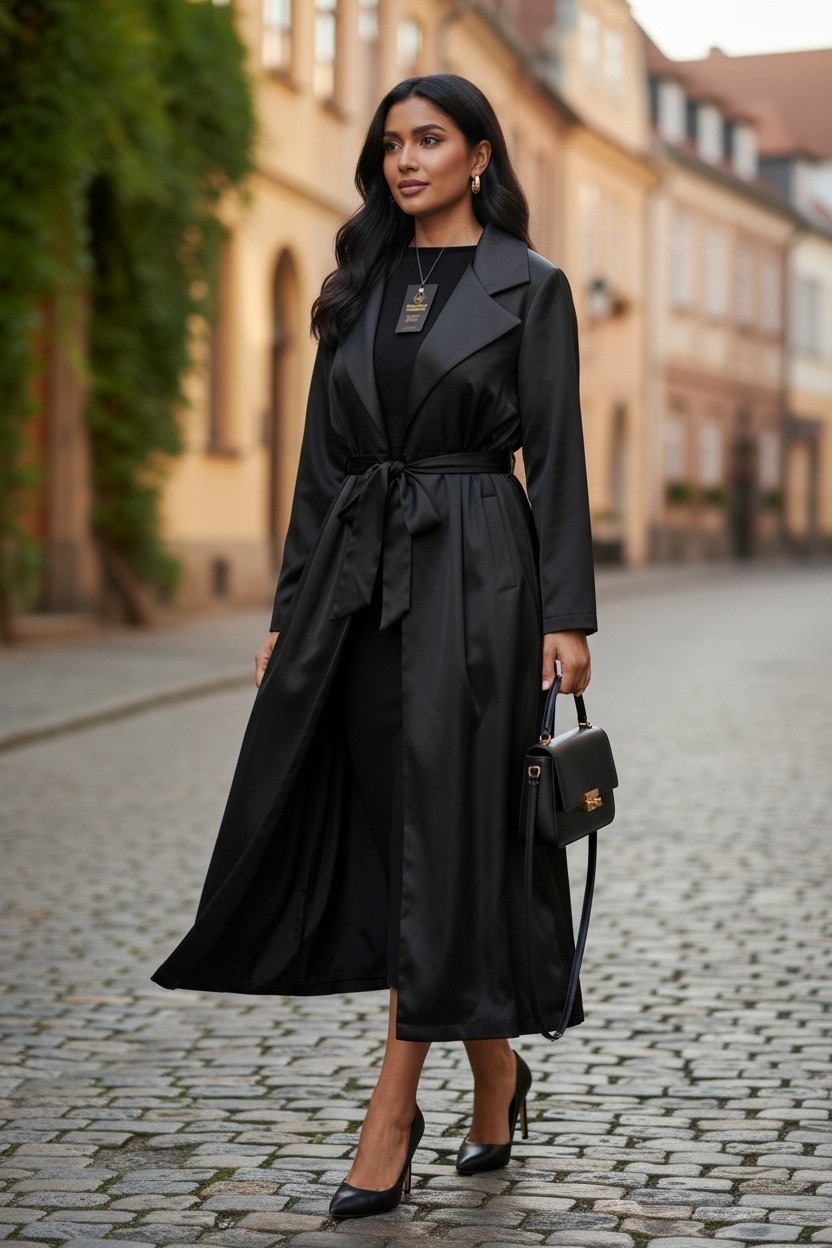 New Womens Noir Drape Maxi Full-Length, Belted Wrap Coat Pocket Cardigan Jackets - Image 3