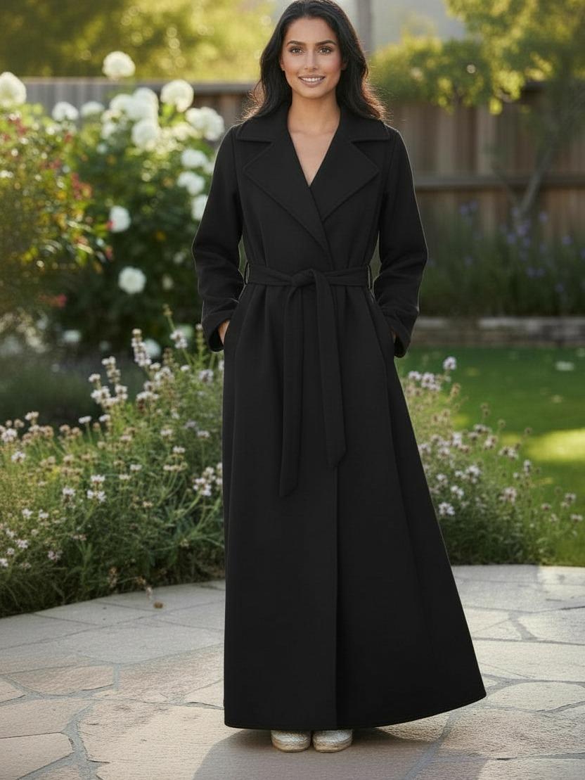 New Womens Noir Drape Maxi Full-Length, Belted Wrap Coat Pocket Cardigan Jackets - Image 5