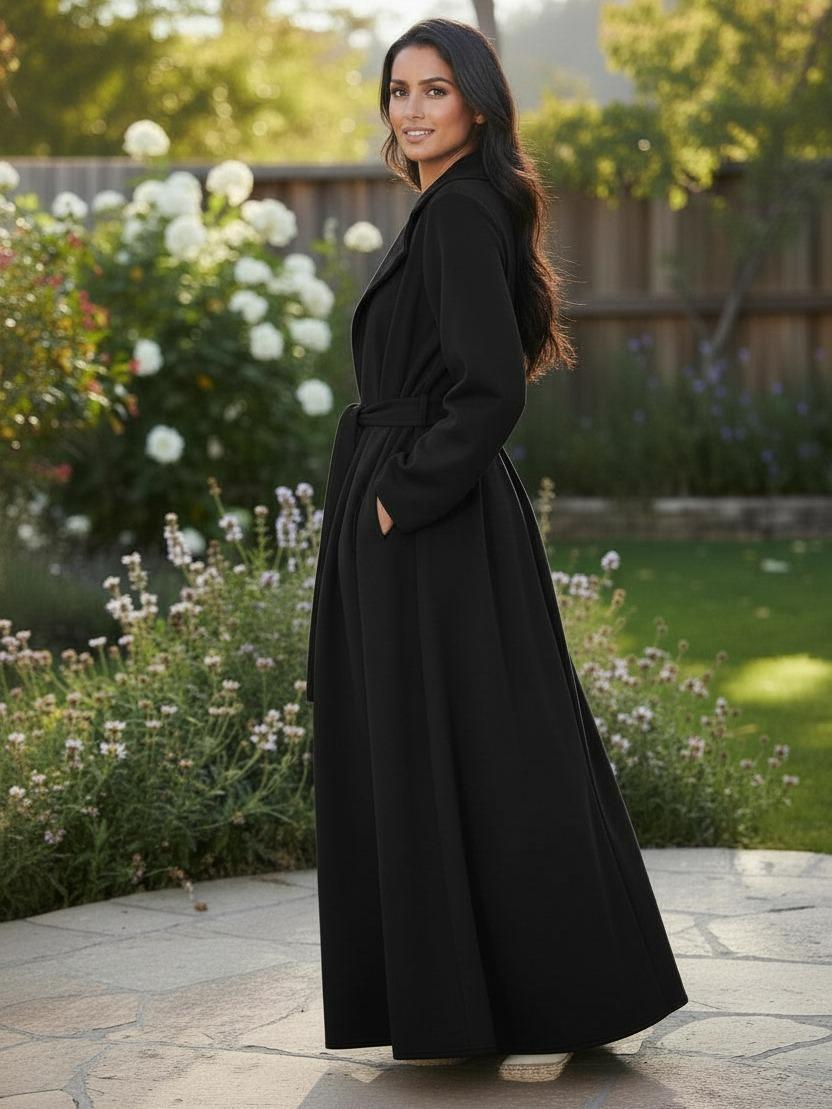 New Womens Noir Drape Maxi Full-Length, Belted Wrap Coat Pocket Cardigan Jackets - Image 2