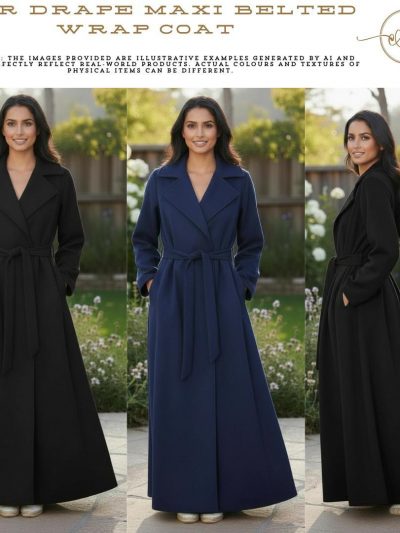 New Womens Noir Drape Maxi Full-Length, Belted Wrap Coat Pocket Cardigan Jackets