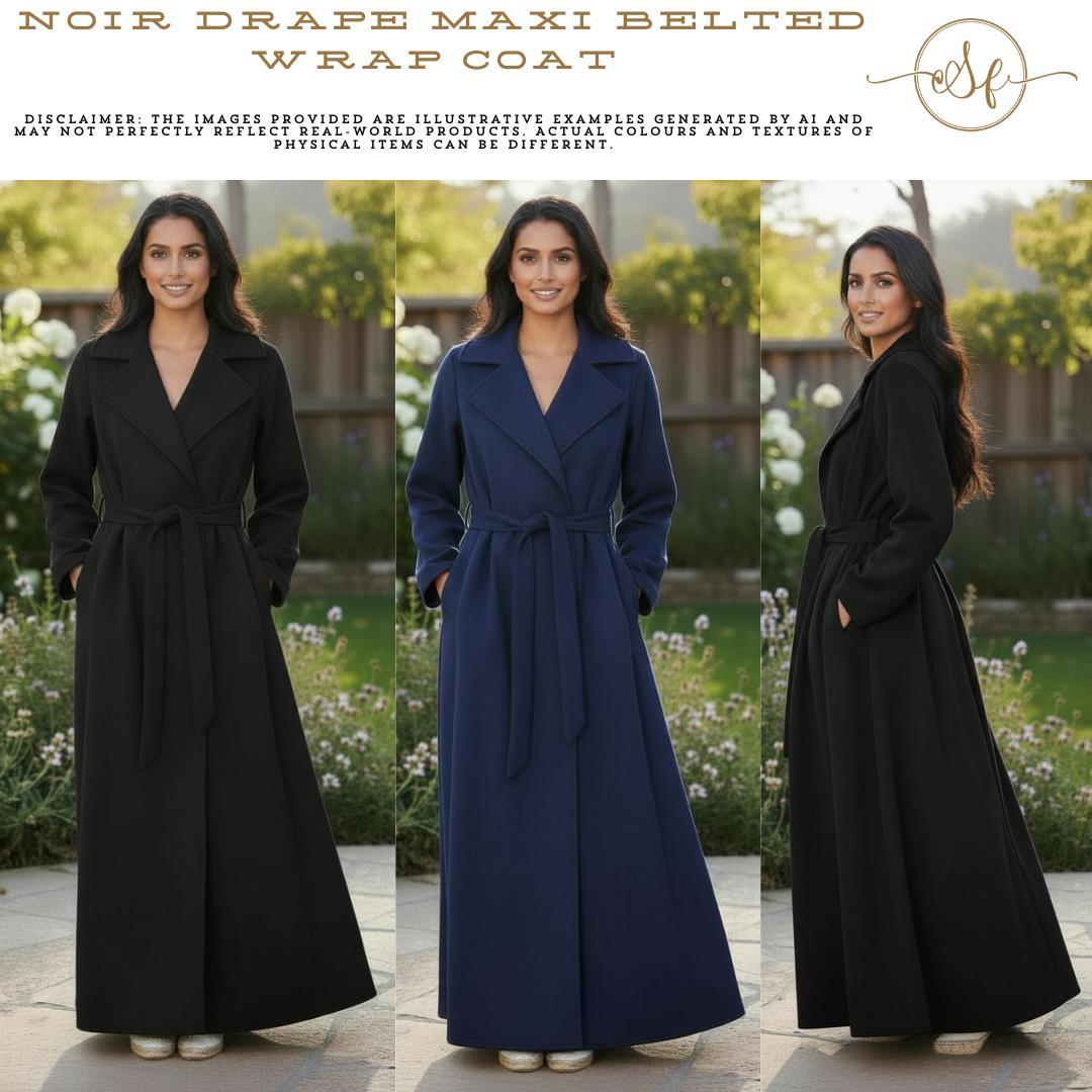 New Womens Noir Drape Maxi Full-Length, Belted Wrap Coat Pocket Cardigan Jackets