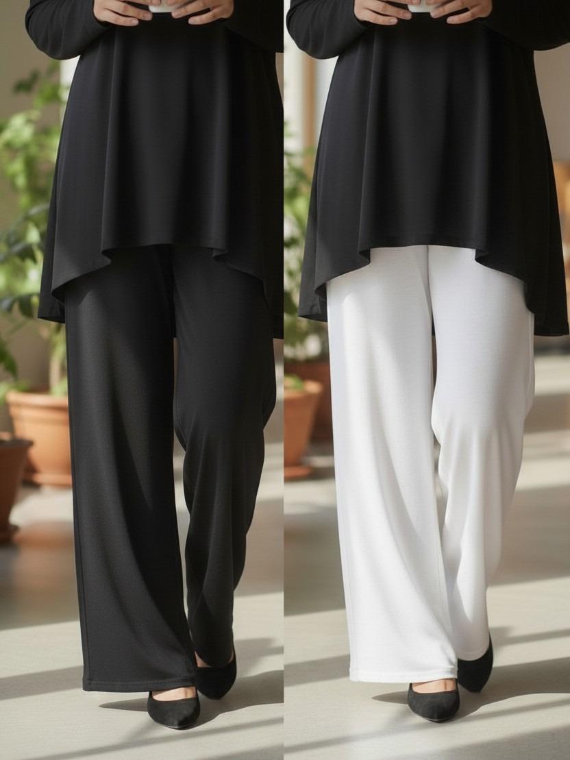 Womens Ladies Plain Wide Leg Palazzo Pants Plus Size Trouser Bottoms Leggings Black White Womenswear Wideleg Basic - Image 2