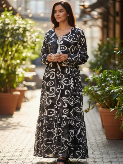 Womens Elegant Turkish cotton dress with beautiful double frill design 55" Inches Length