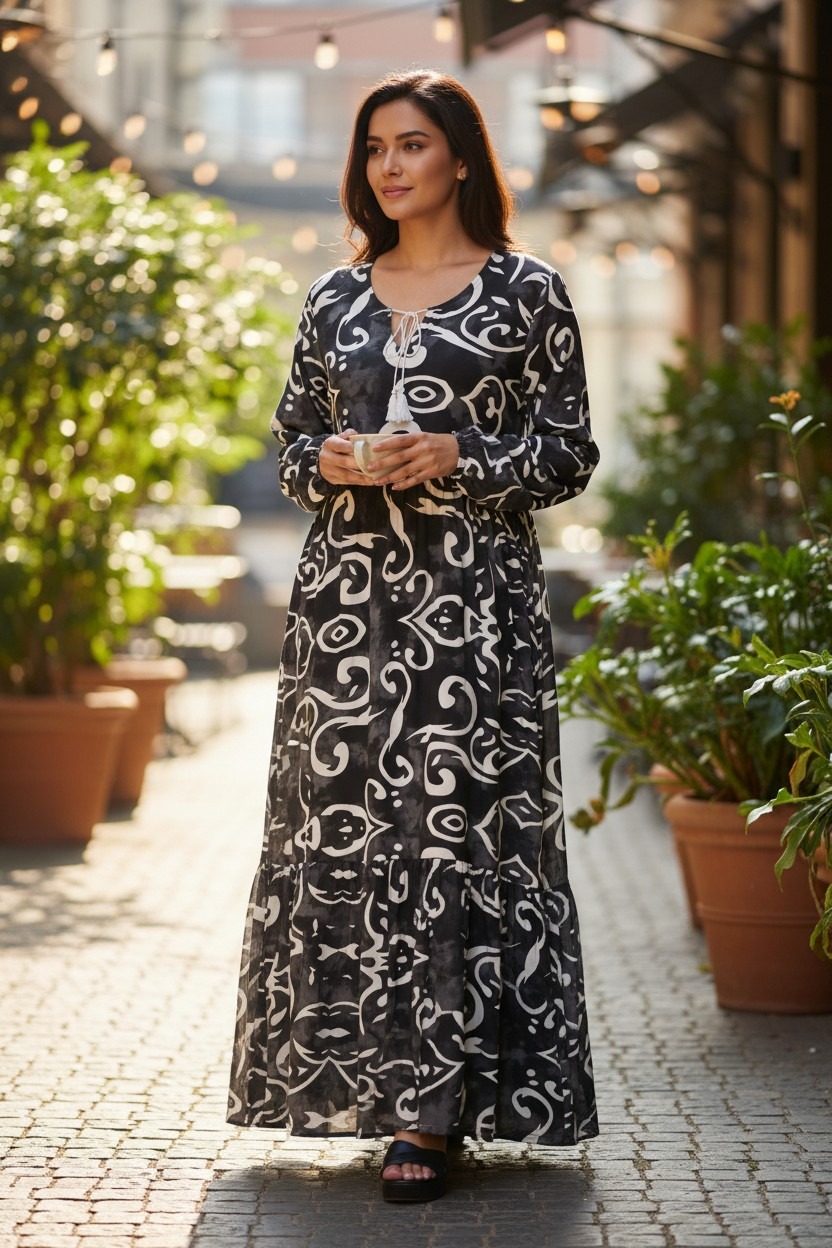 Womens Elegant Turkish cotton dress with beautiful double frill design 55" Inches Length
