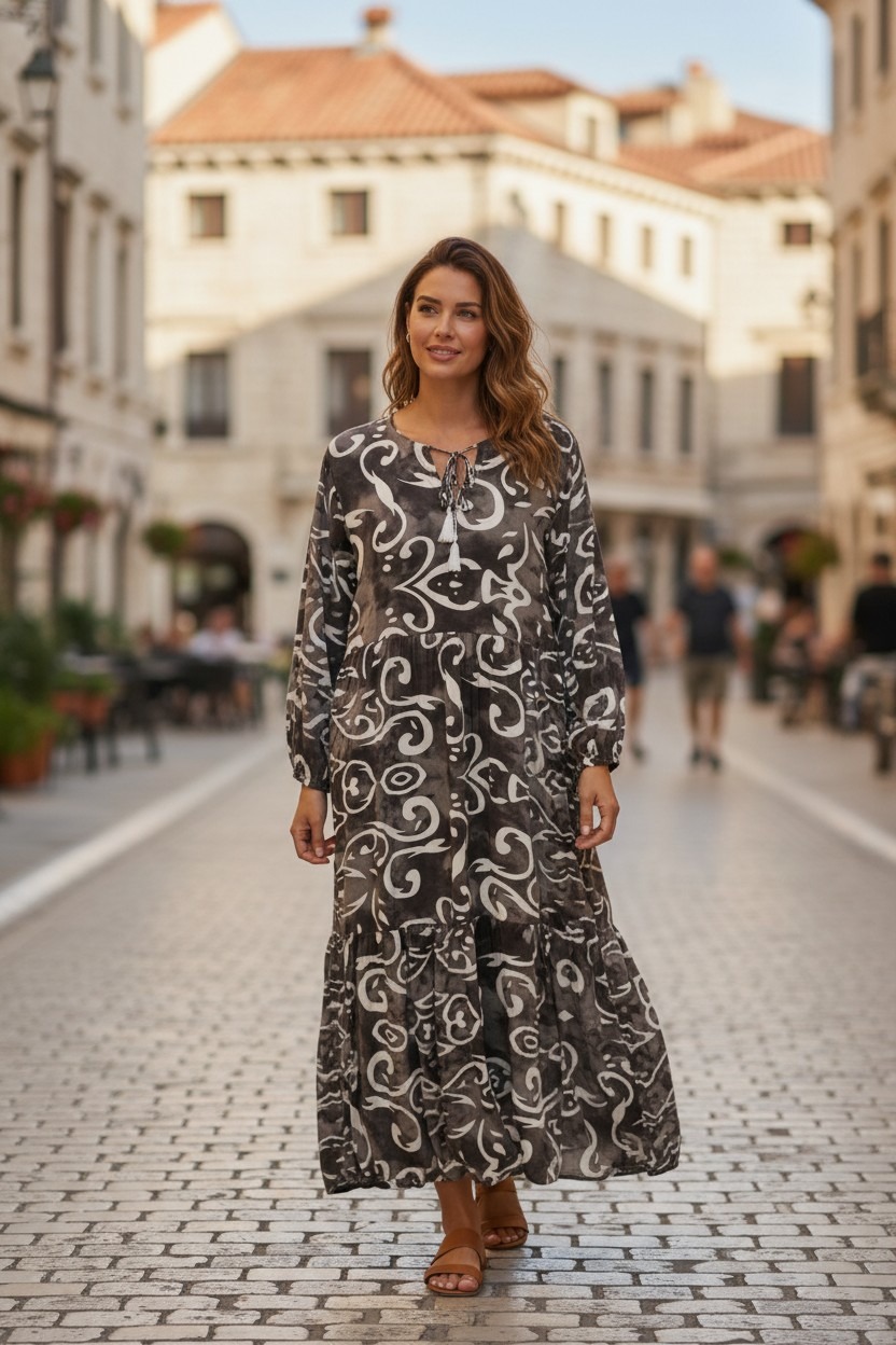 Womens Elegant Turkish cotton dress with beautiful double frill design 55" Inches Length - Image 4