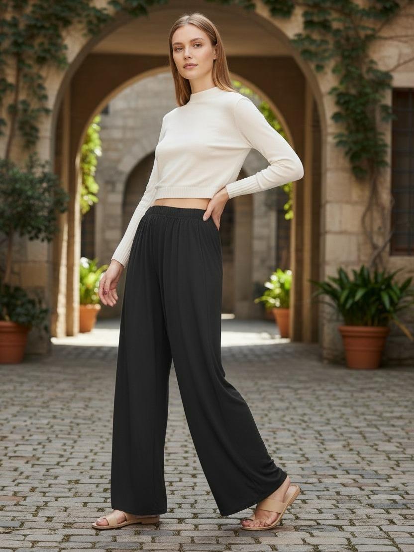 Womens Ladies Plain Wide Leg Palazzo Pants Plus Size Trouser Bottoms Leggings Black White Womenswear Wideleg Basic - Image 3