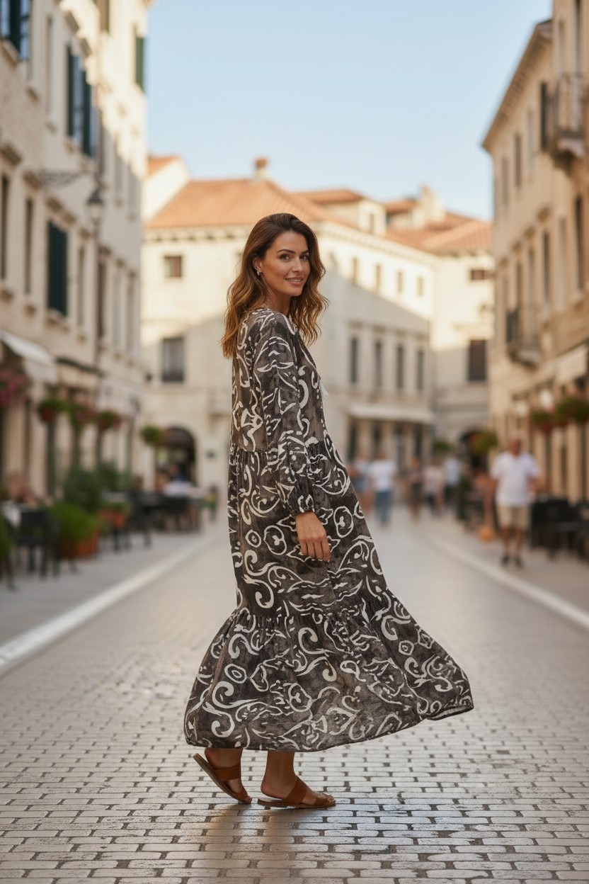 Womens Elegant Turkish cotton dress with beautiful double frill design 55" Inches Length - Image 3