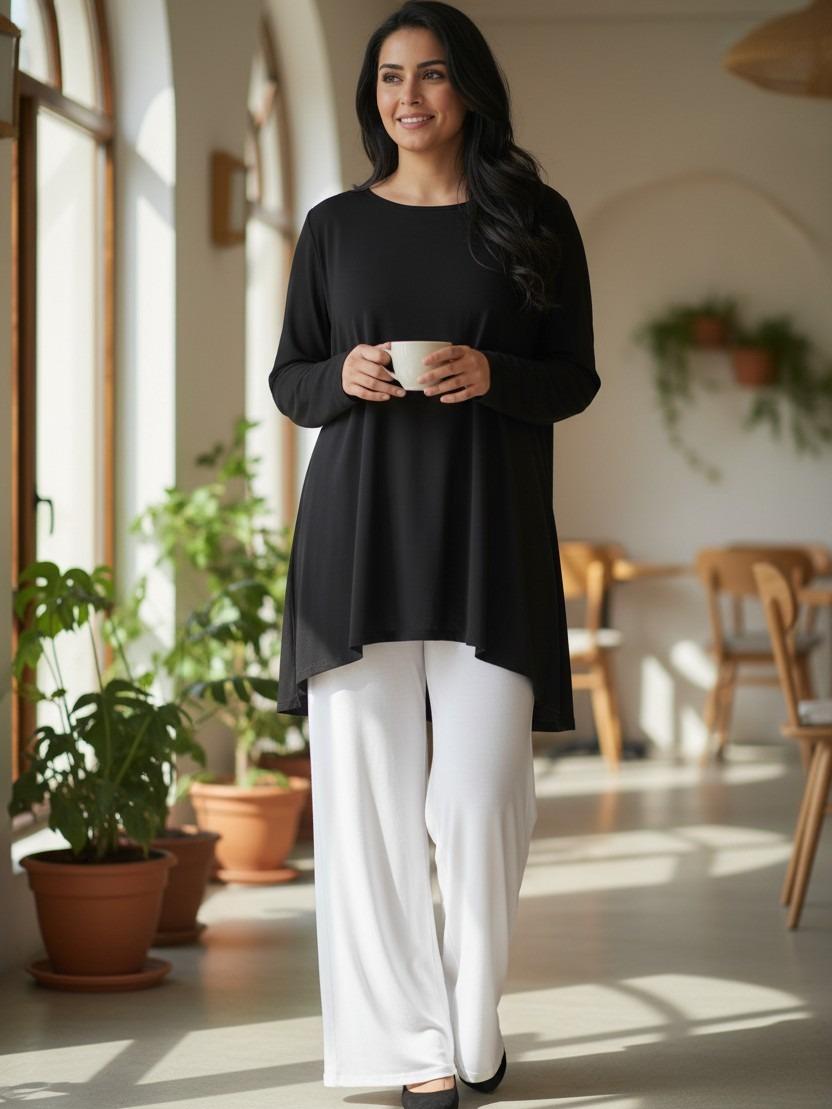 Womens Ladies Plain Wide Leg Palazzo Pants Plus Size Trouser Bottoms Leggings Black White Womenswear Wideleg Basic - Image 6