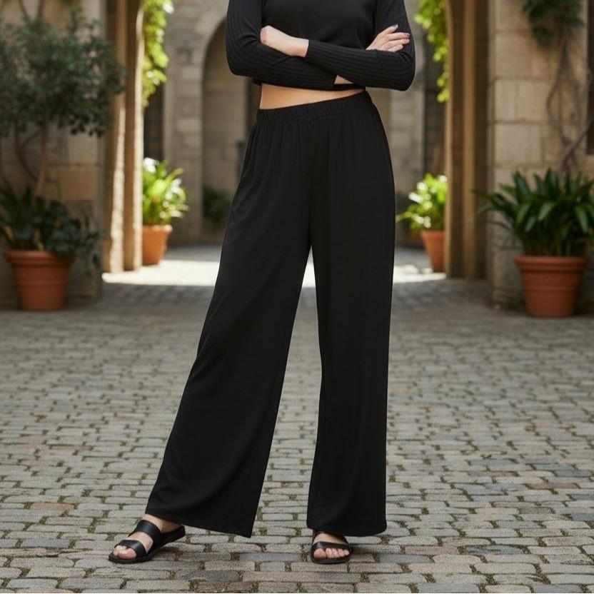 Womens Ladies Plain Wide Leg Palazzo Pants Plus Size Trouser Bottoms Leggings Black White Womenswear Wideleg Basic - Image 9