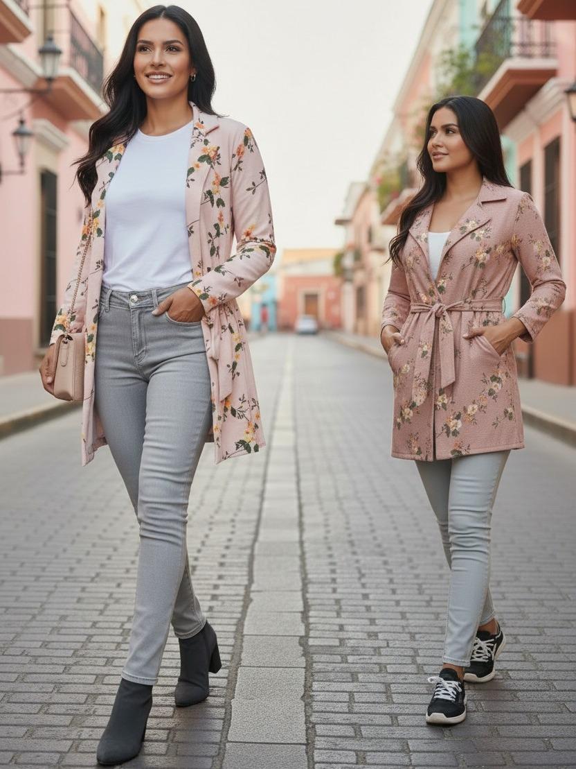Womens 3D Floral Printed Duster Coat With Pockets and Belted Casual Chic Style