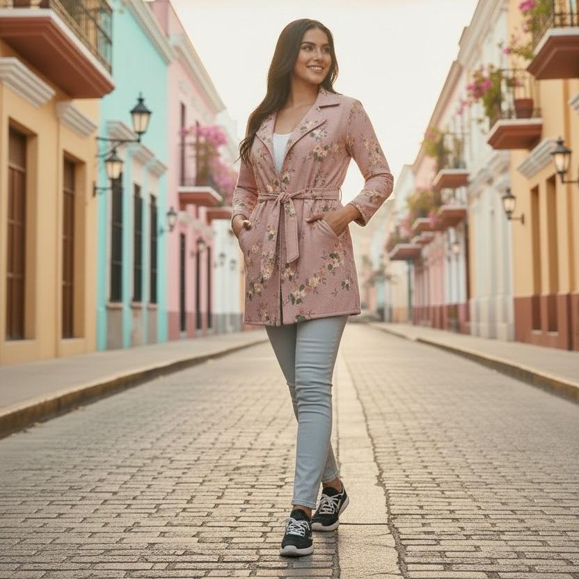 Womens 3D Floral Printed Duster Coat With Pockets and Belted Casual Chic Style - Image 8