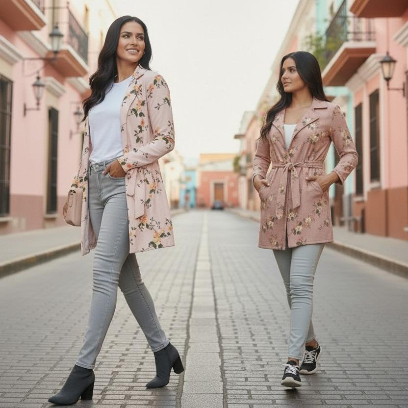 Womens 3D Floral Printed Duster Coat With Pockets and Belted Casual Chic Style - Image 2