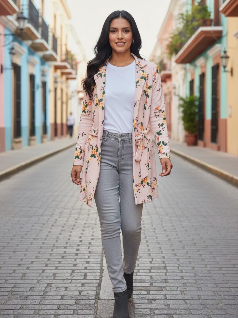 Womens 3D Floral Printed Duster Coat With Pockets and Belted Casual Chic Style - Image 4